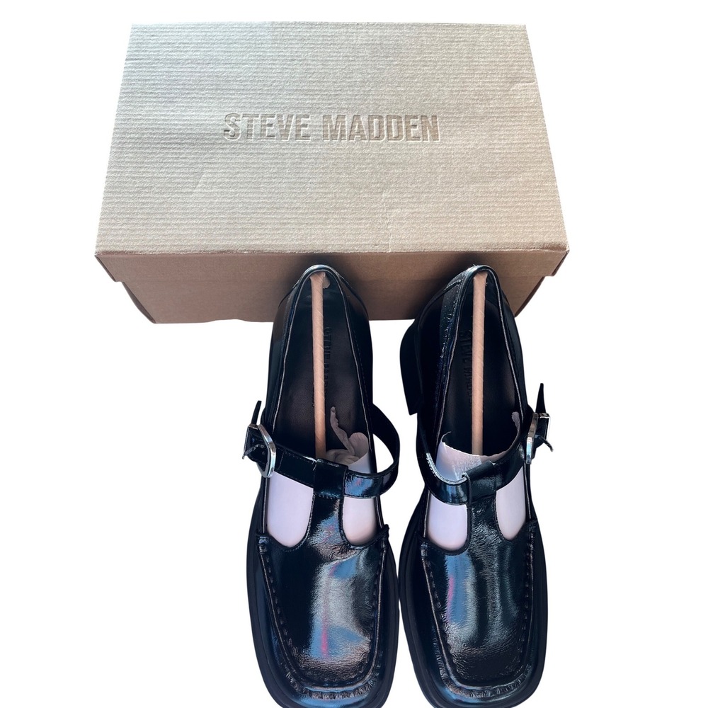 Steve Madden Beverlee Black Patent Leather Mary Jane Block Heel Chunky Pumps 9.5 - Picture 2 of 7
